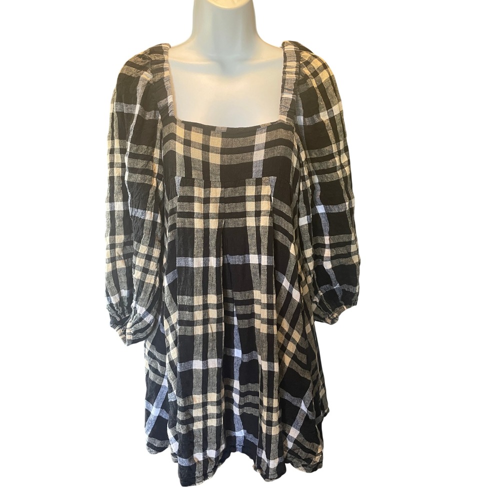 Womens Milkmaid Whimsigoth Mini Dress Black Plaid Puff Sleeve Babydoll Size XS